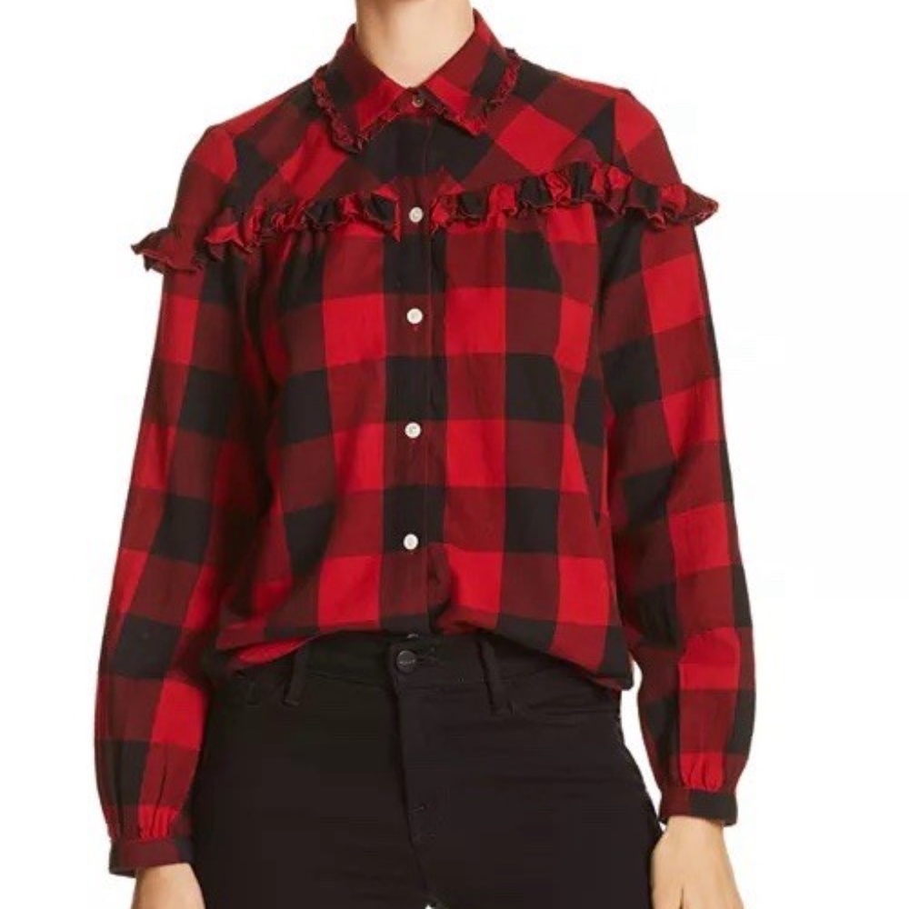 Frame Ruffle Trim Buffalo Red Black Flannel Shirt Small
